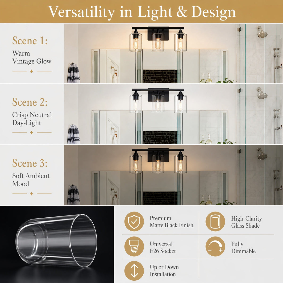 3-Light Matte Bathroom Vanity Wall Light with Clear Glass Shades - Black