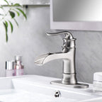 Brushed Nickel Waterfall Spout Bathroom Faucet with Single Handle and Pop Up Drain
