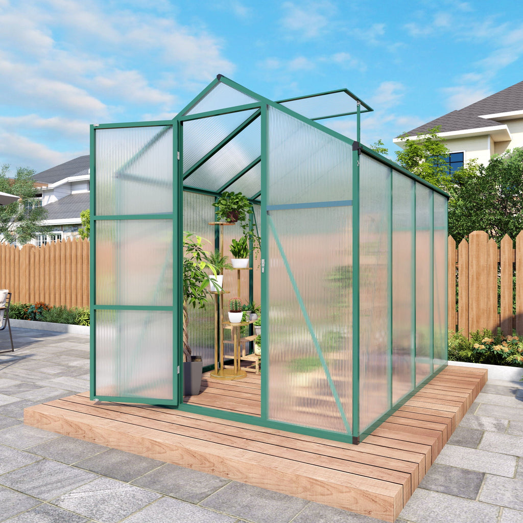 Polycarbonate Walk-In Greenhouse with Raised Base - Green