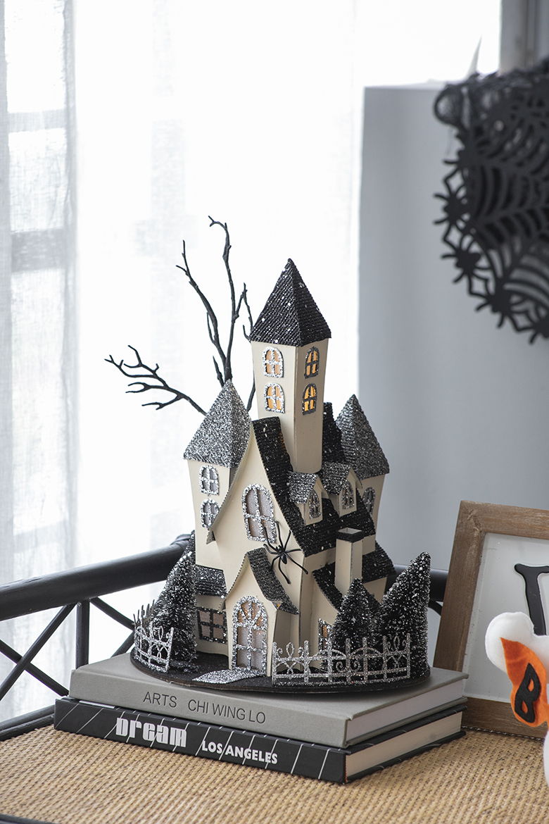 Cardboard Lighted Haunted House with Lights - Beige / Black