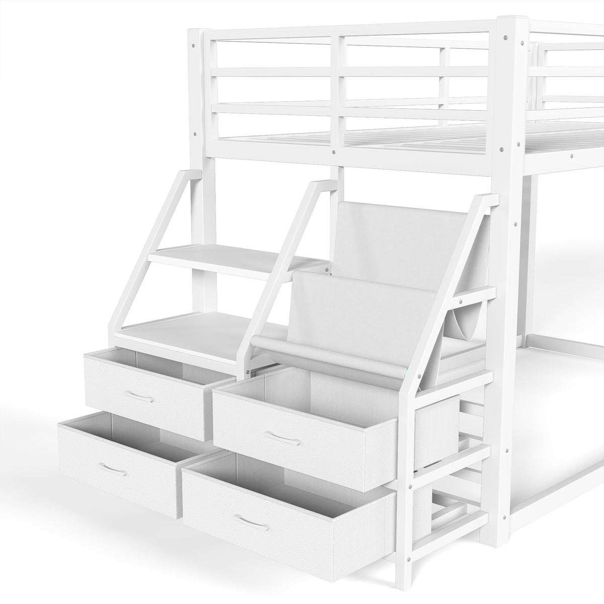 Twin Over Twin Bunk Bed with Storage Shelves and LED Lights - White