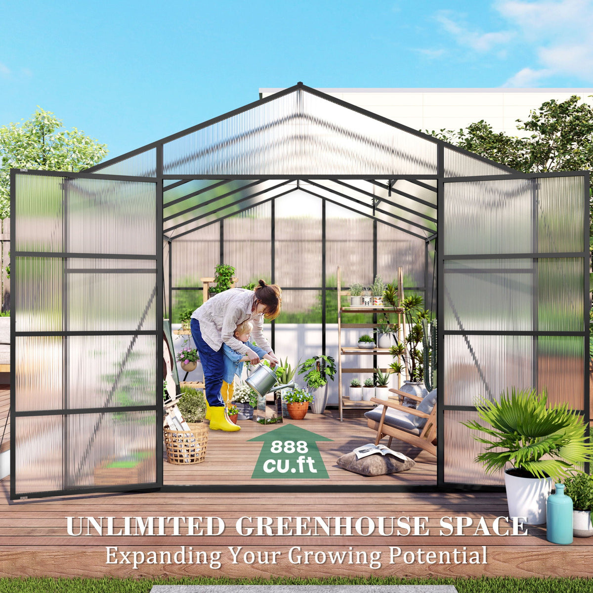 Gain Height Windproof Greenhouse with Heavy-Duty Frame - Black