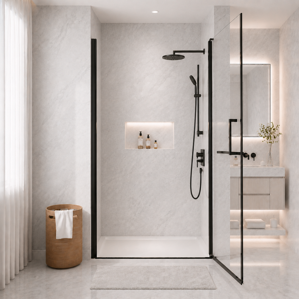 Matte Black Semi-Frameless Pivot Shower Door with Adjustable Width – 34"-35.2" x 72"