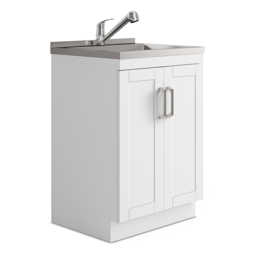 White Laundry Cabinet with Stainless Steel Sink and Pull-Out Faucet