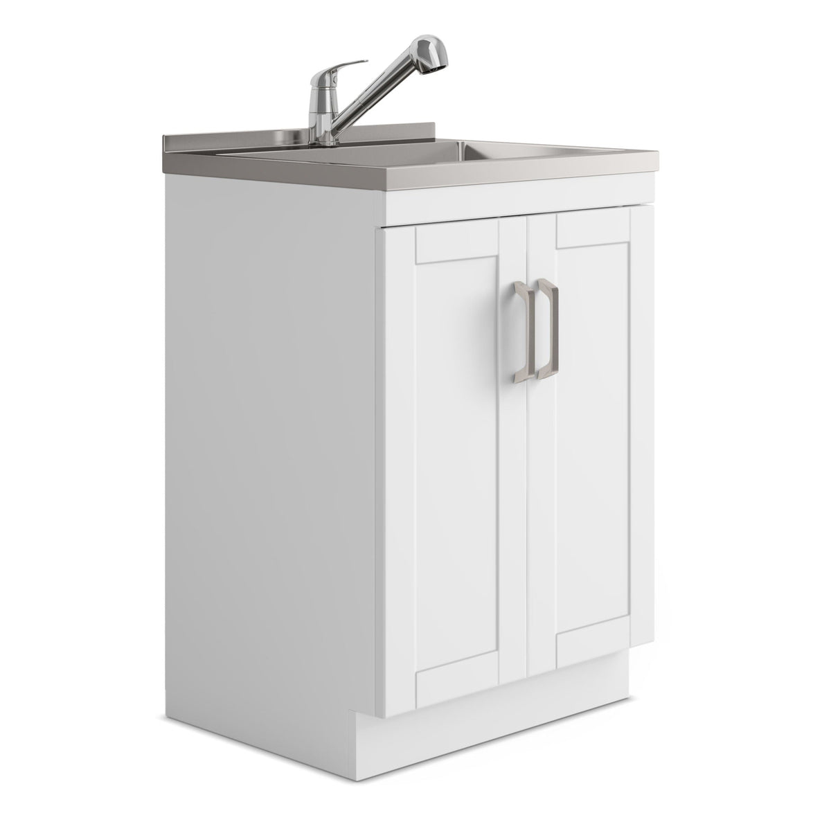 White Laundry Cabinet with Stainless Steel Sink and Pull-Out Faucet