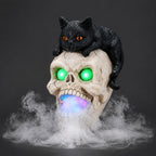 Halloween Cat Skull Statue with Glowing Features - Black White