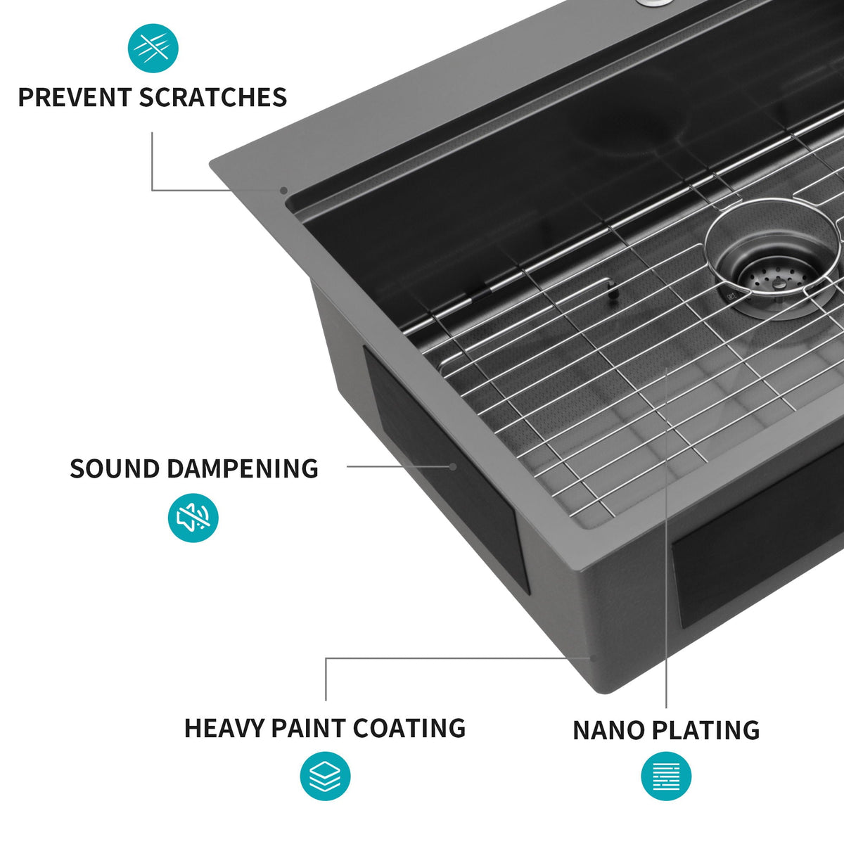 33" Drop In Kitchen Sink with Ledge Workstation - Gunmetal Black