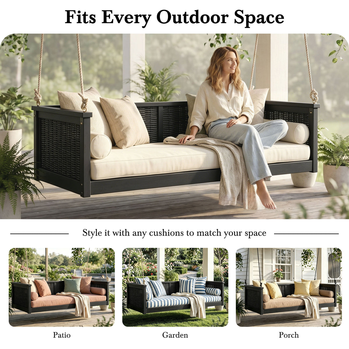 Solid Wood Twin Size Swing Bed with Handwoven Rattan - Natural Wood