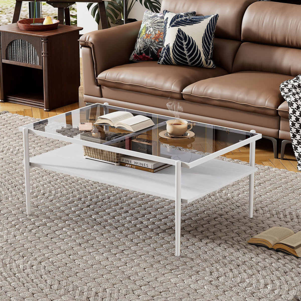 Rectangular Coffee Table with Tempered Glass Top and Metal Legs - Black, Dark Brown, or White