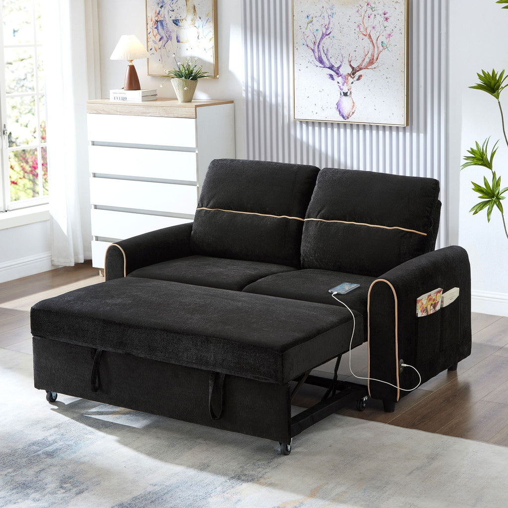 Pull Out Sofa Bed with Adjustable Backrest and USB Ports - Dark Gray, Black or Blue