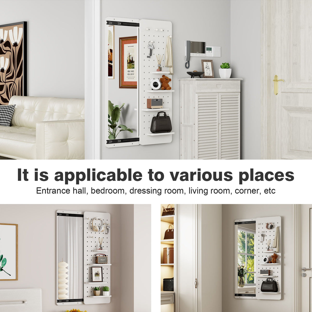 Full Length Wall Mounted Mirror with Shelf and Hook - Dark Brown, White, or Light Brown