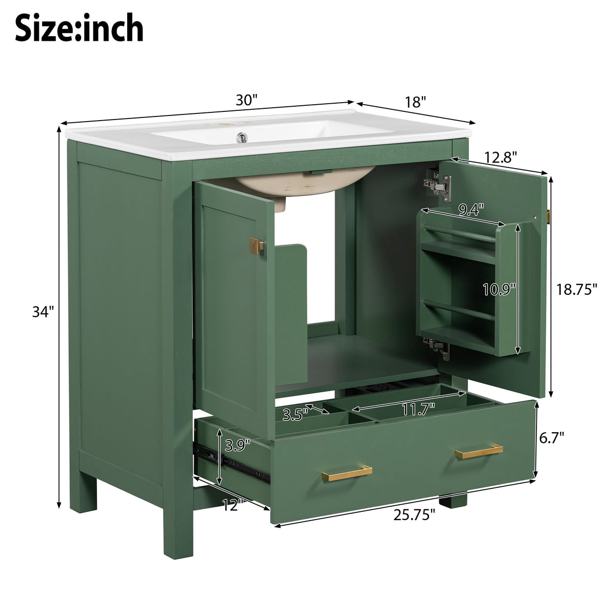Green Bathroom Vanity with Single Undermount Sink and Storage - Solid Wood