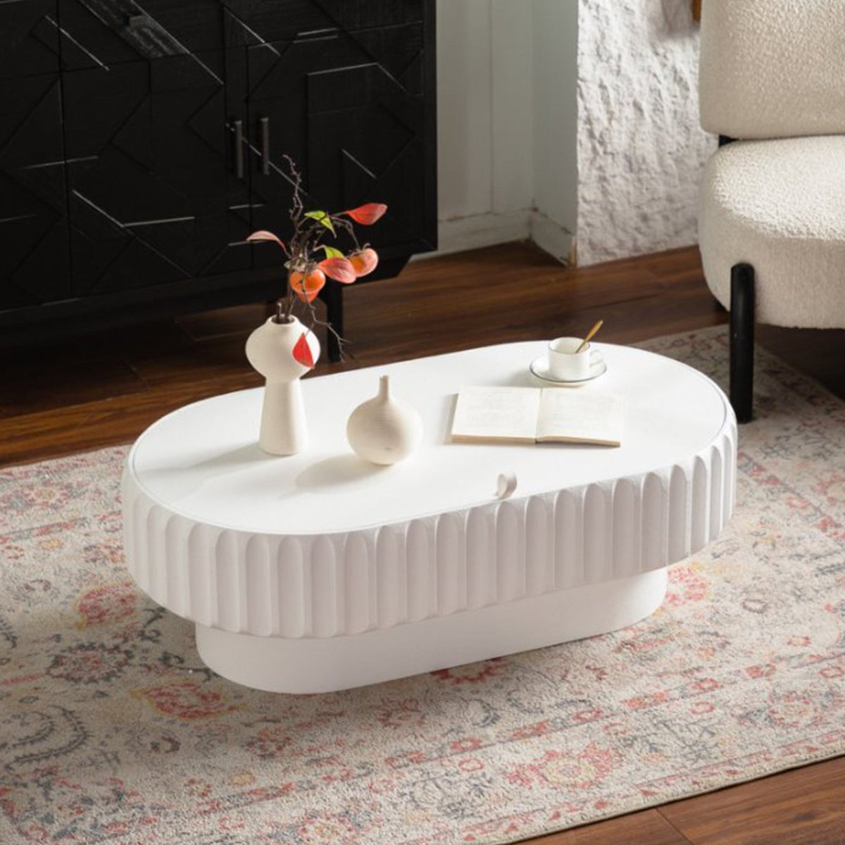 Fluted Storage Table with Lift-Off Lid - Cream White