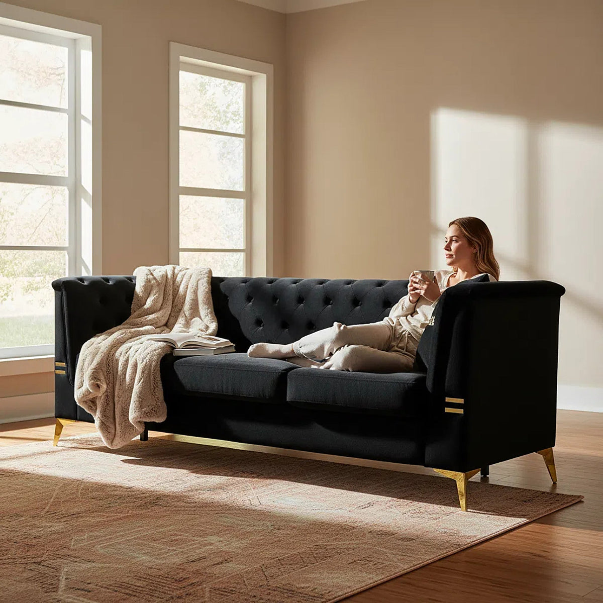 Contemporary Faux Sherpa Sofa with Gold Accents and 2 Pillows - White