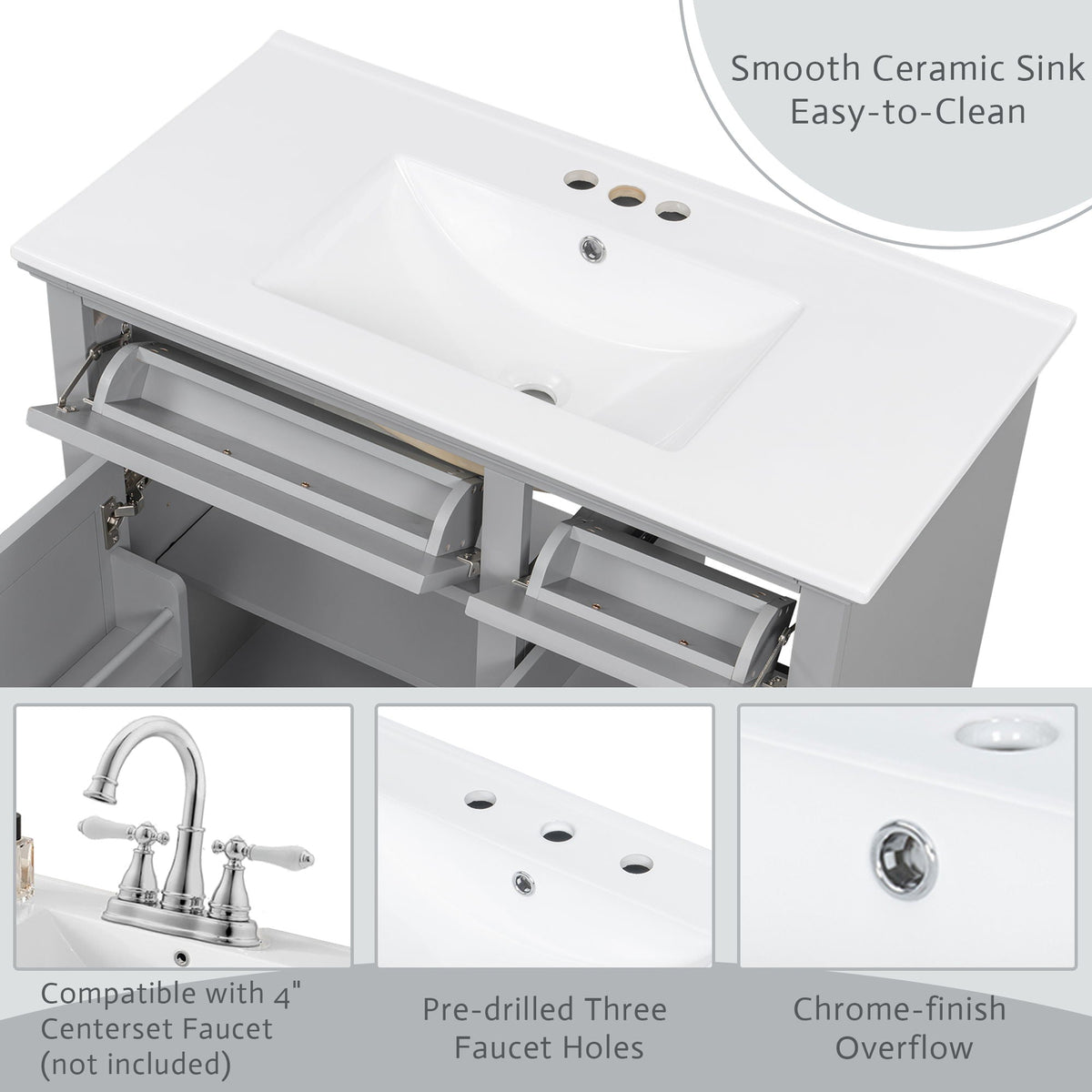 36" Bathroom Vanity with Sink and Soft Close Hinges - Dark Gray or White