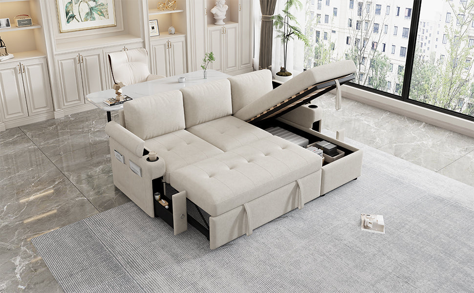 L-Shaped Sectional Sofa Bed with Storage & USB Ports - Chenille