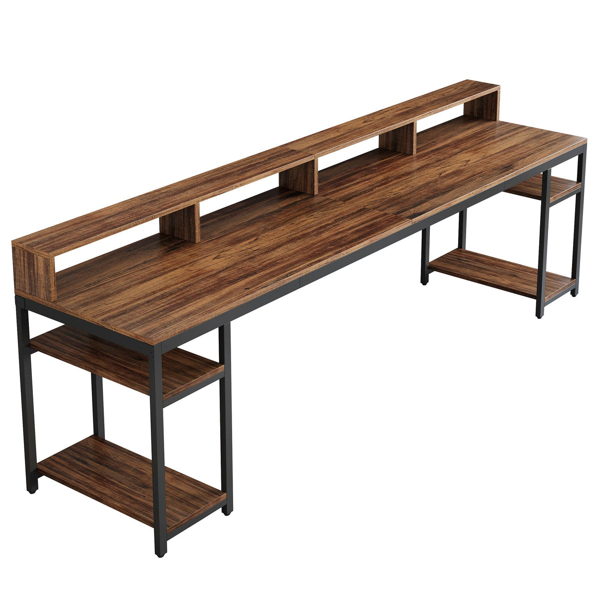 2 Person Desk with Monitor Stand and Dual Storage - Brown / Black