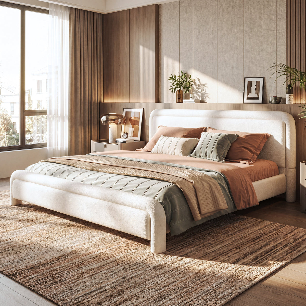 King Size Upholstered Platform Bed Frame with Curved Headboard - Boucle