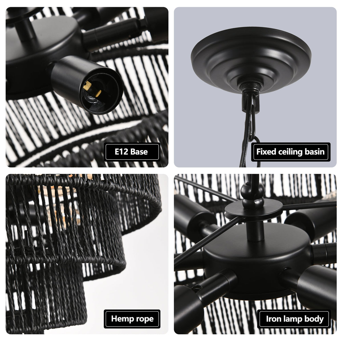24" Rustic 5-Tier Pendant Light Chandelier with 8 E12 Sockets - Black