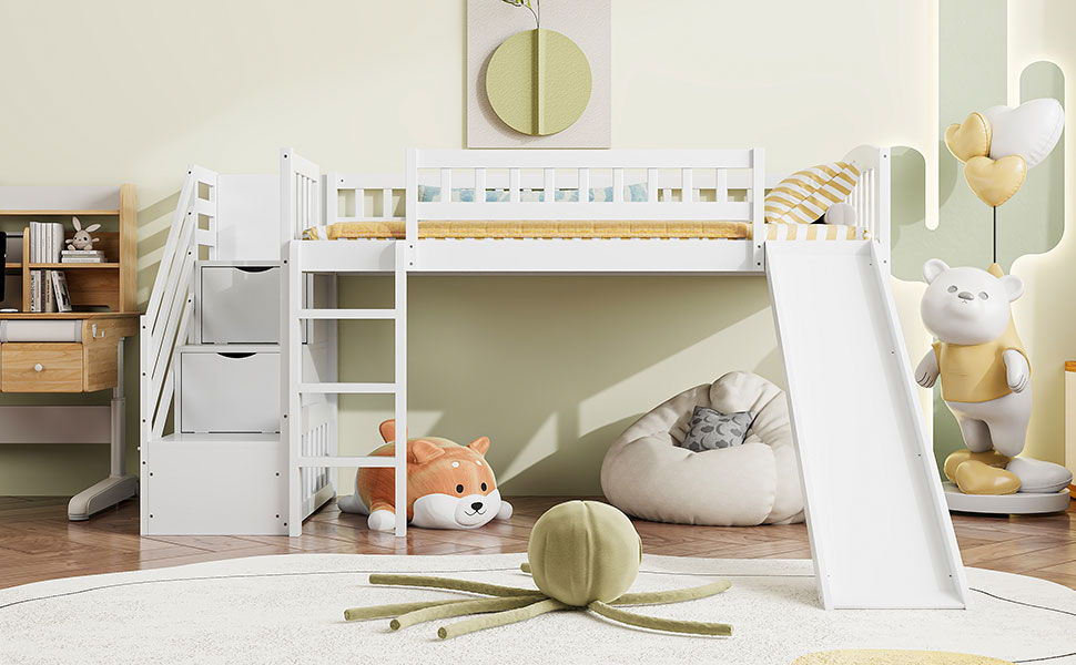 Loft Stairway Bed with Drawers and Convertible Ladder - Twin