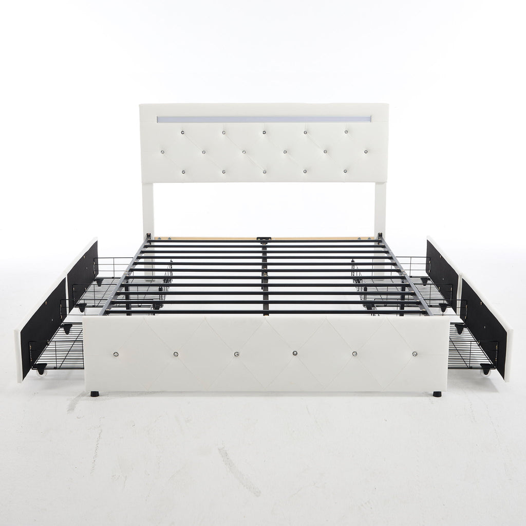 Upholstered Storage Bed Frame with LED Lights and Drawers – White or Black