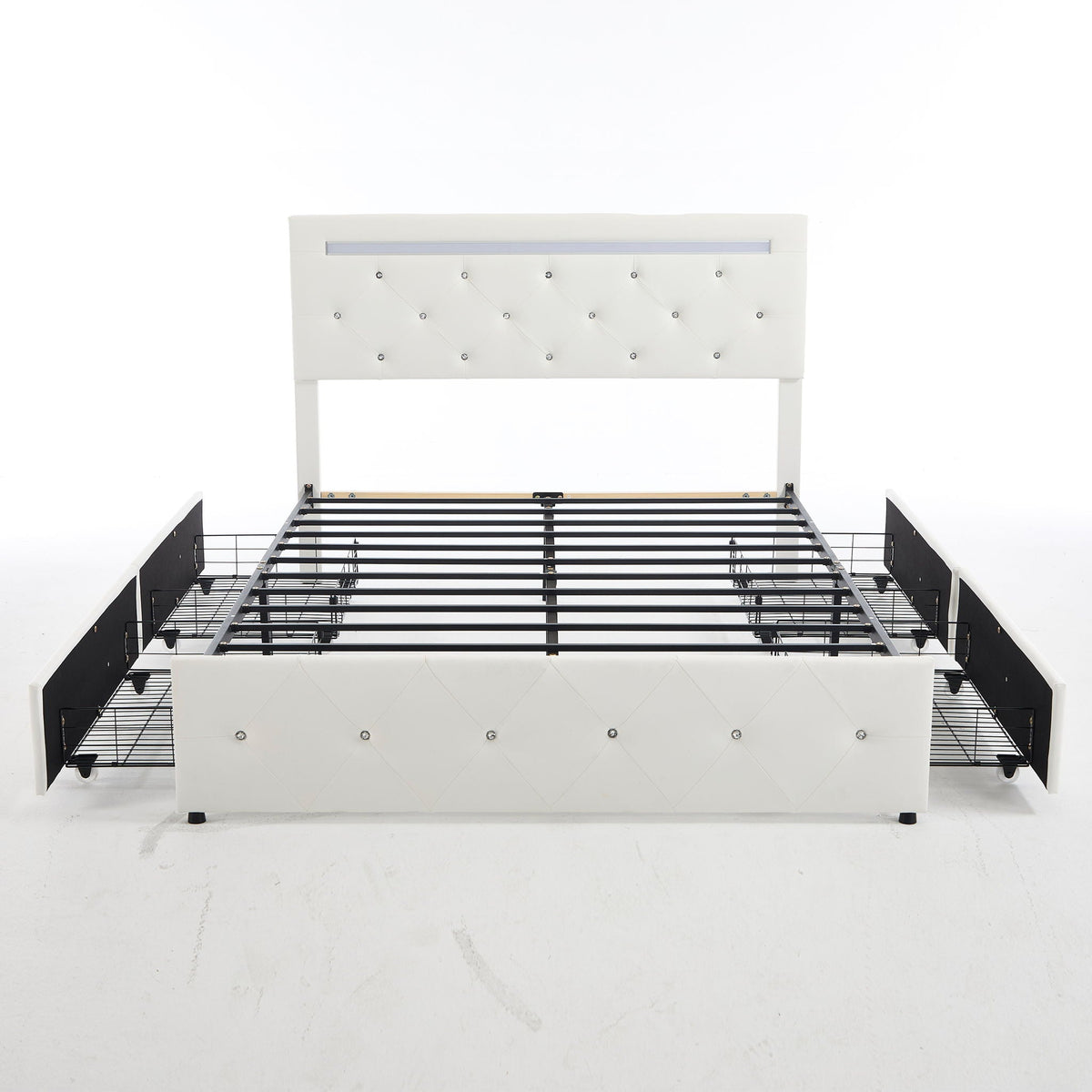 Upholstered Storage Bed Frame with LED Lights and Drawers – White or Black