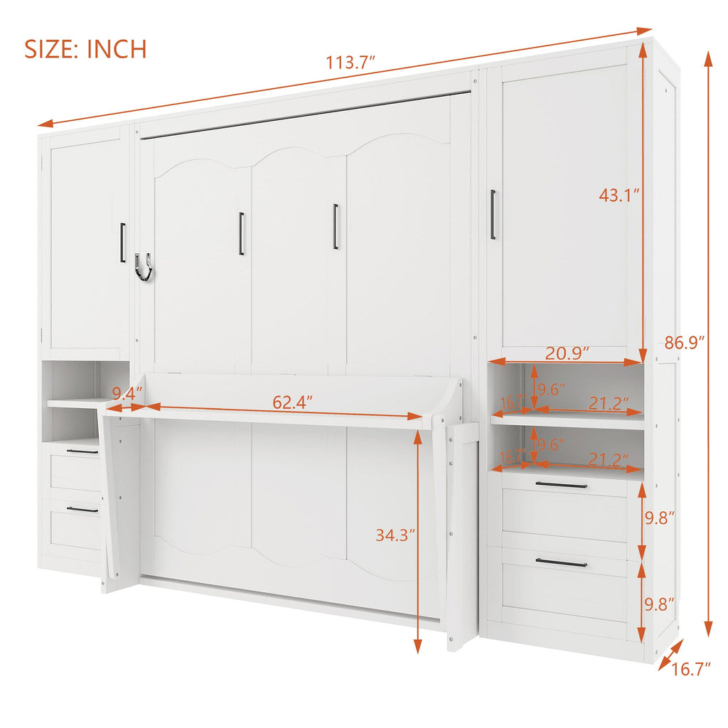 Queen Size Murphy Bed with Closet, Drawers and Shelves - White