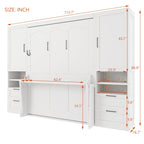 Queen Size Murphy Bed with Closet, Drawers and Shelves - White