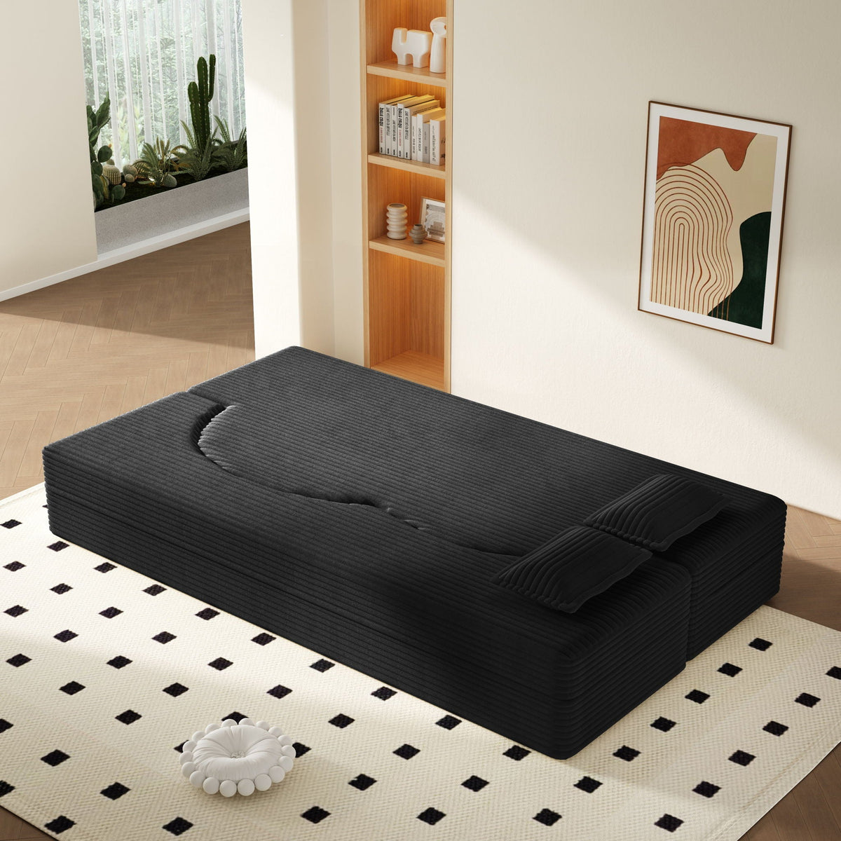 Modern Floor Sofa With 2 Pillows, Convertible Twin Size Folding Mattress - Multi-Color