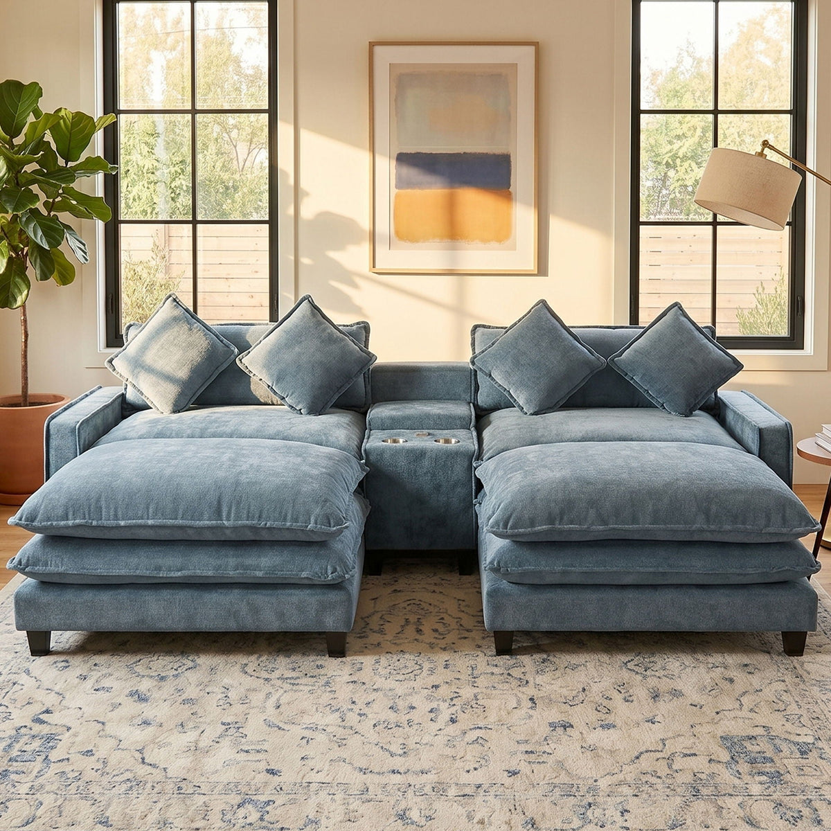 Modern Sectional Sofa with Removable Ottomans, USB Ports - Dark Gray or Light Blue
