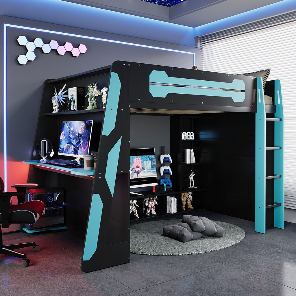 Full Size Wood Loft Bed with Desk and RGB Light - Cloud