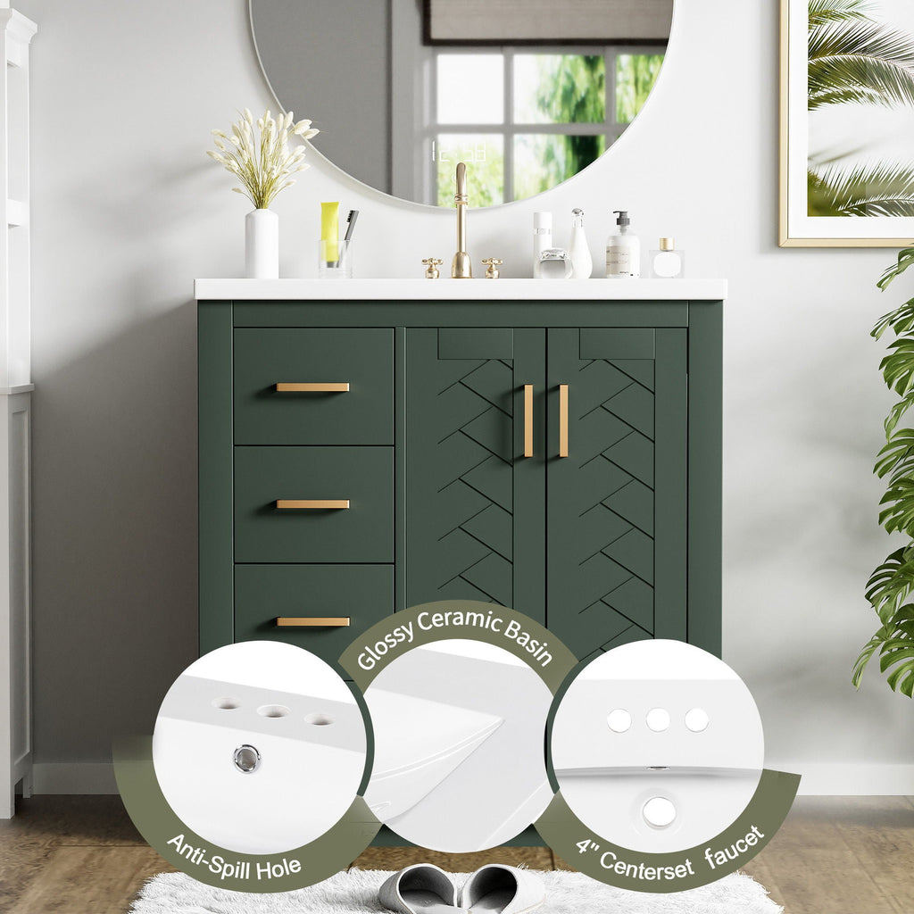 Ceramic Sink Vanity Combo with 3 Drawers and Soft Closing Doors - 30"