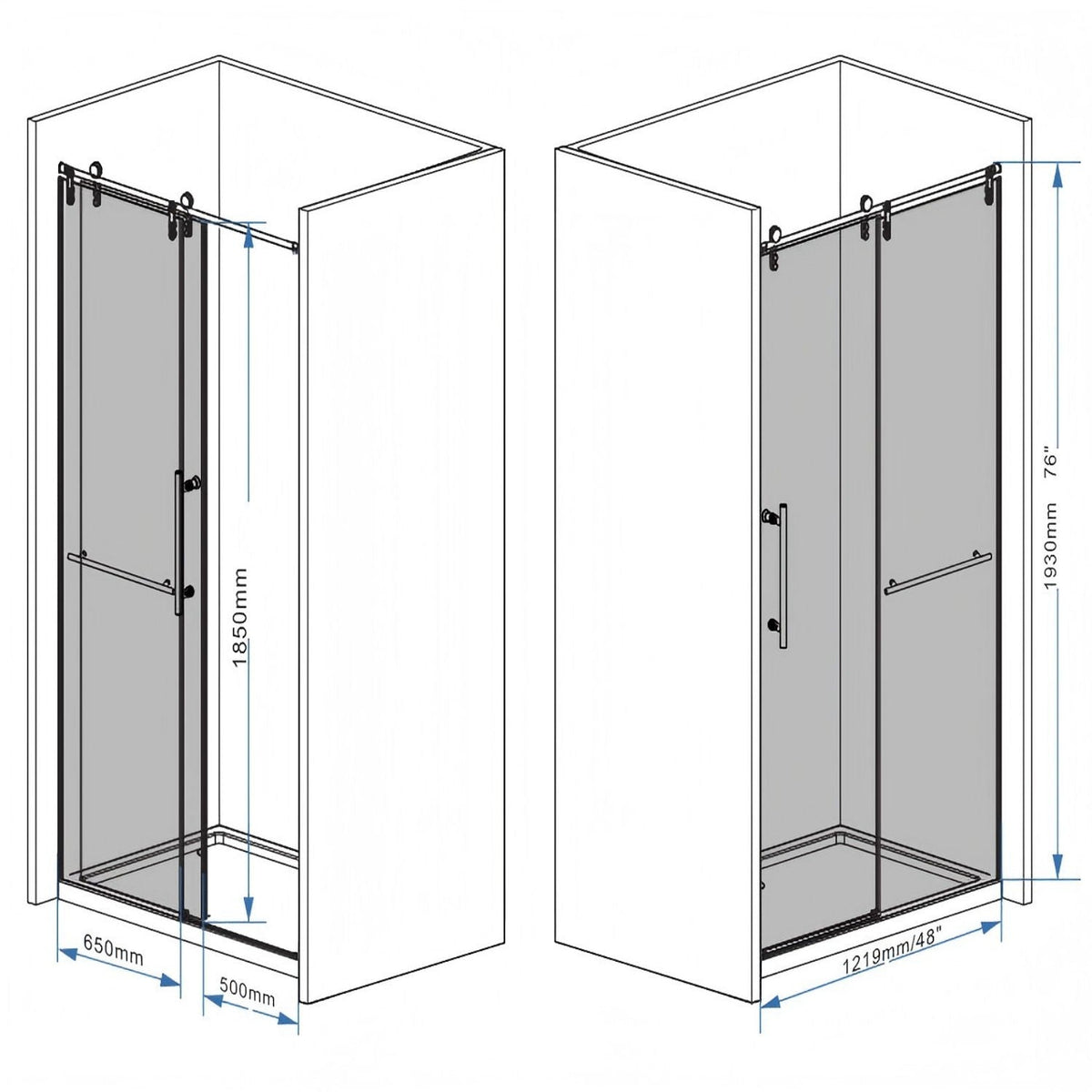 Frameless Sliding Bathtub Door with Tempered Glass - Black or Gray