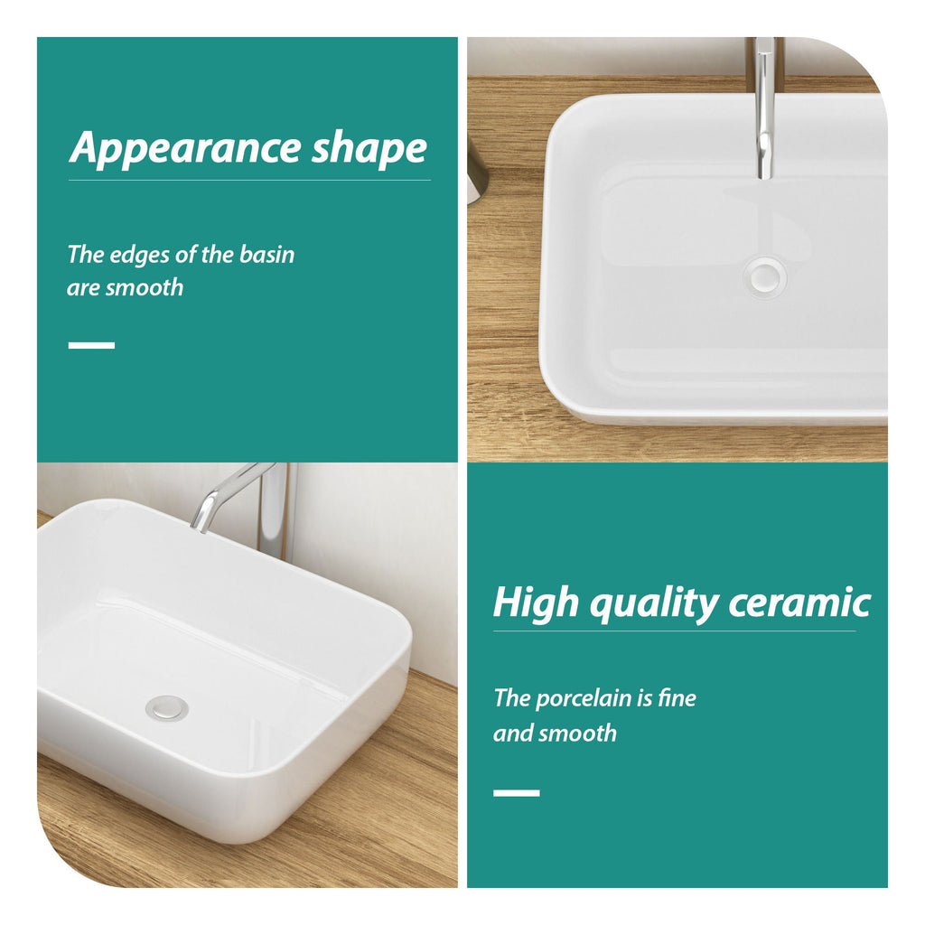 Modern Rectangular Vessel Bathroom Sink with Stain Resistant Ceramic - White