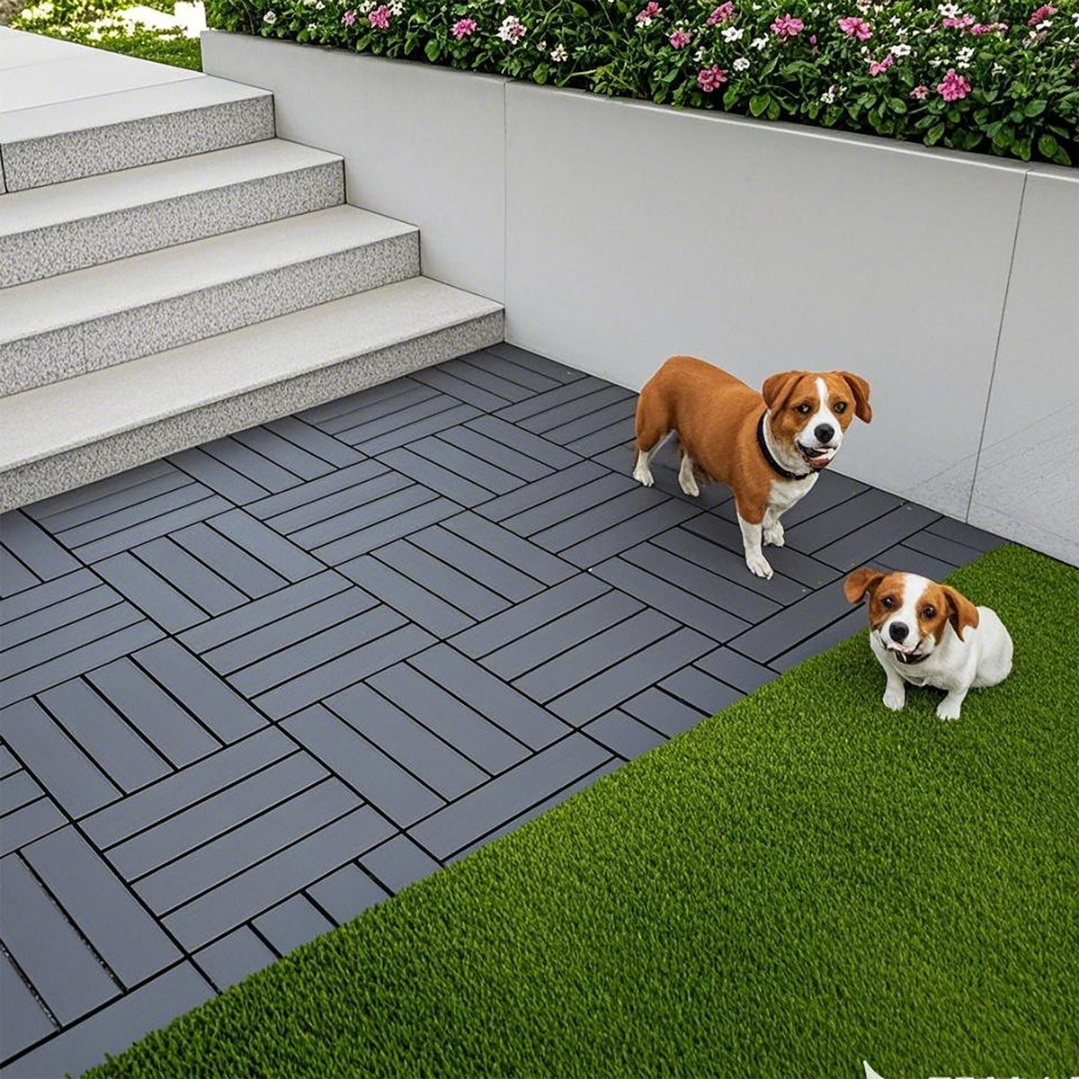 Plastic Interlocking Deck Tiles with Waterproof Construction - Dark Gray or Dark Brown