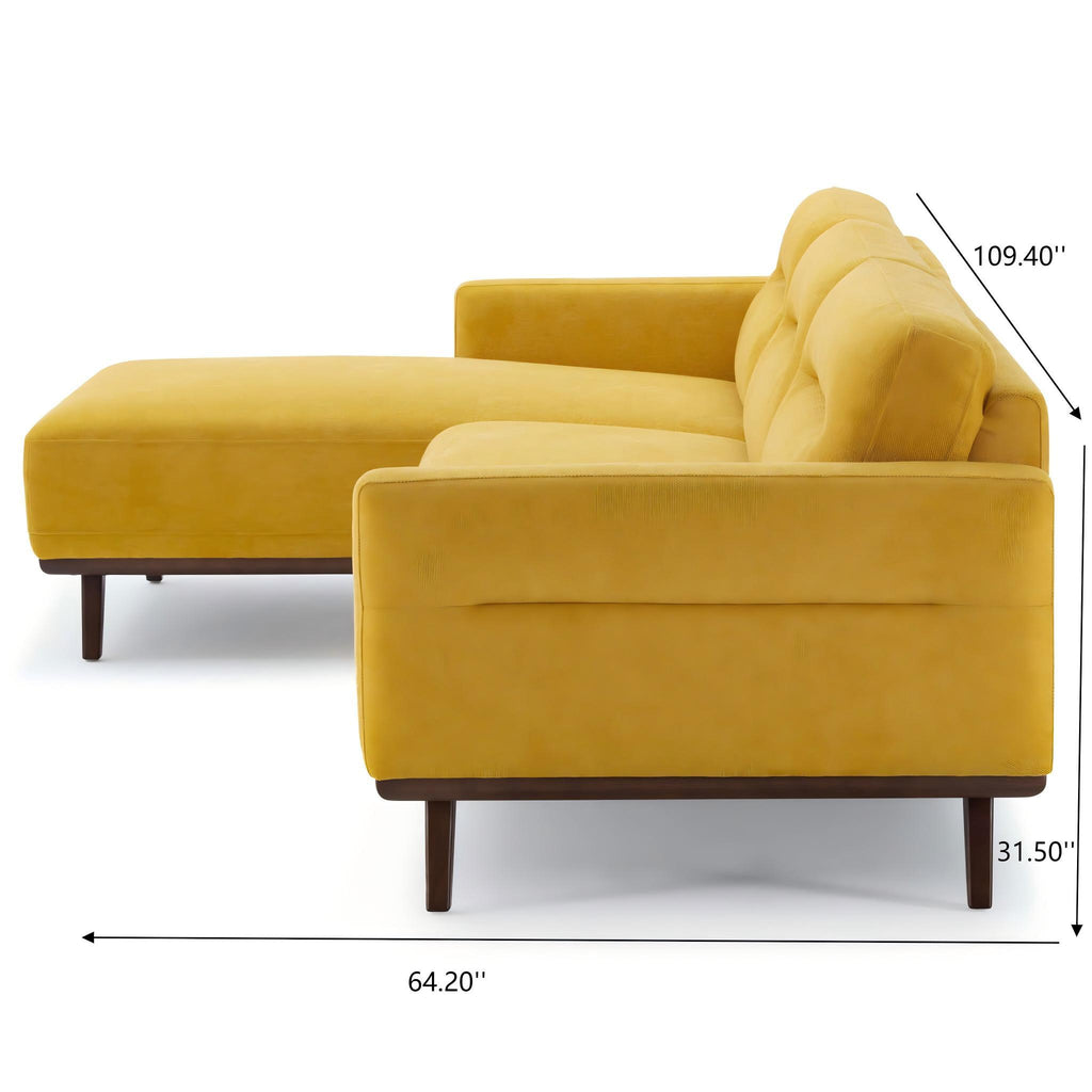 L-Shaped Sectional Couch with Solid Wood Frame and Vegan Upholstery - Yellow or Light Brown