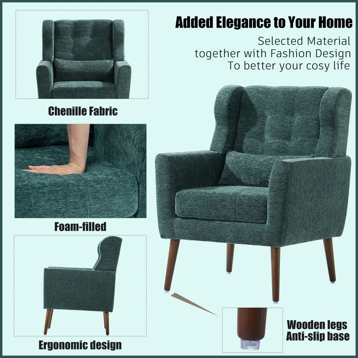 Modern Upholstered Arm Chair with Solid Wood Legs and Pillow - Multiple Colors