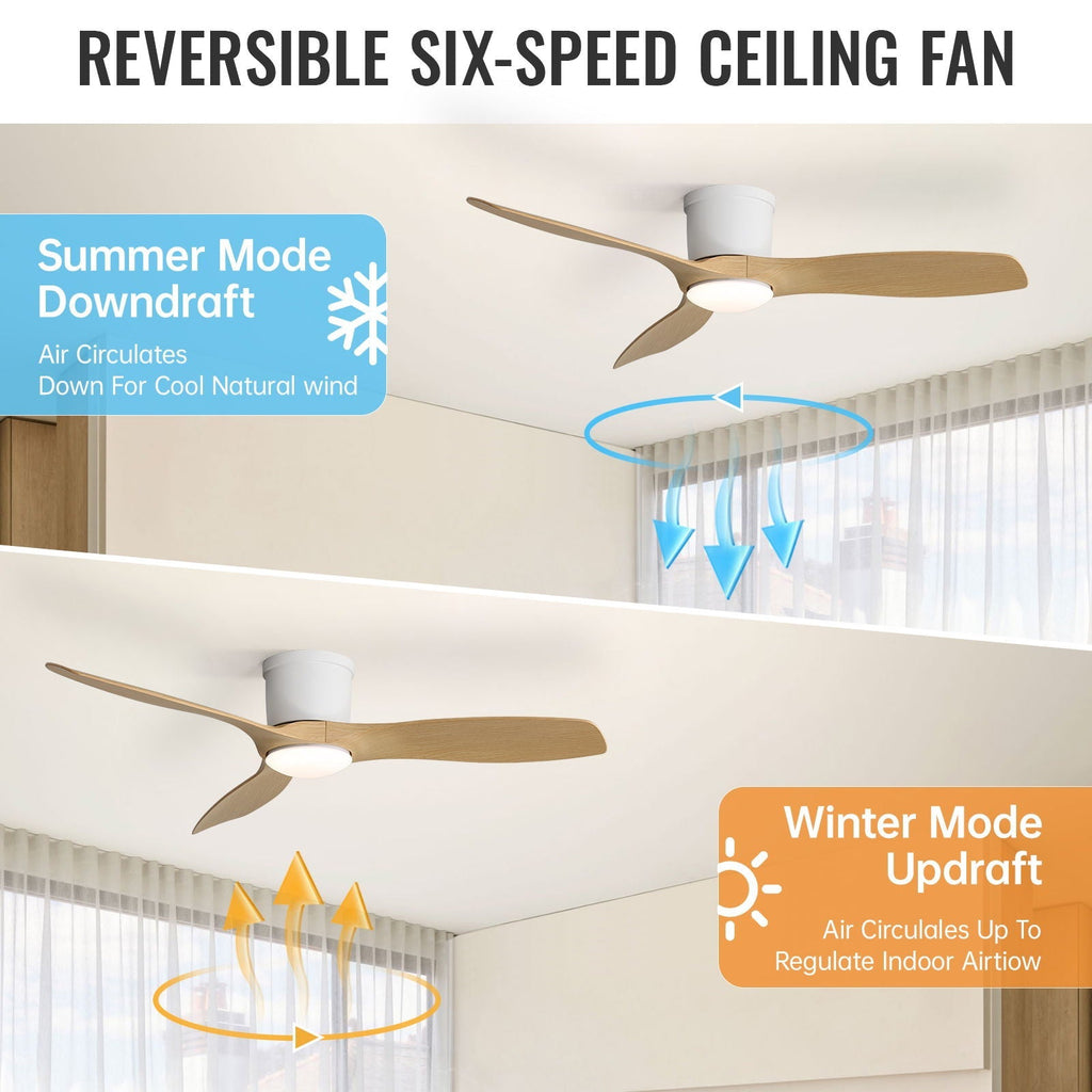 Flush Mount Ceiling Fan With Dimmable LED Light and Reversible DC Motor - Pearl Silver or Light Brown