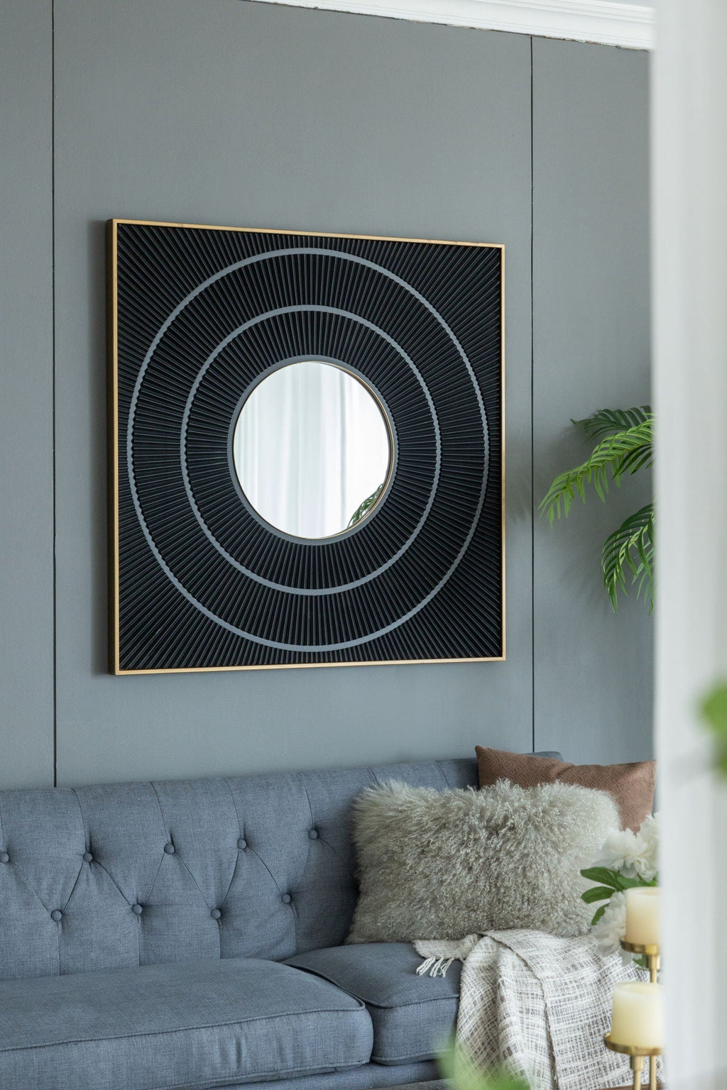 Square Carved Mirror with Pleated Design and Iron Frame - Black or Dark Brown