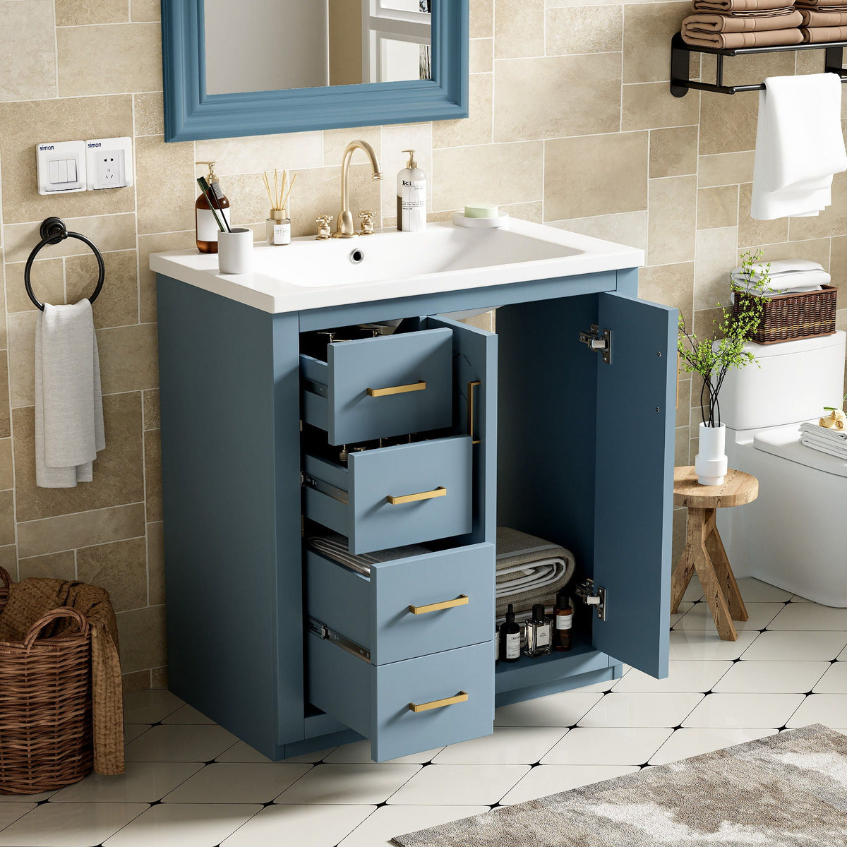 Ceramic Sink Vanity Combo with 3 Drawers and Soft Closing Doors - 30"