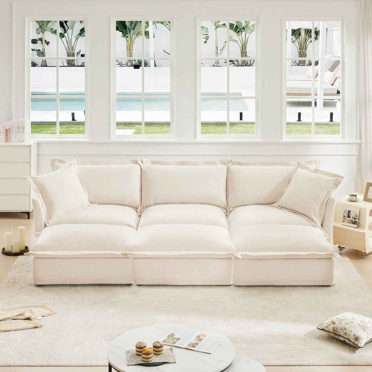 Oversized Chenille Living Room Sofa with 3 Ottomans and Removable Covers