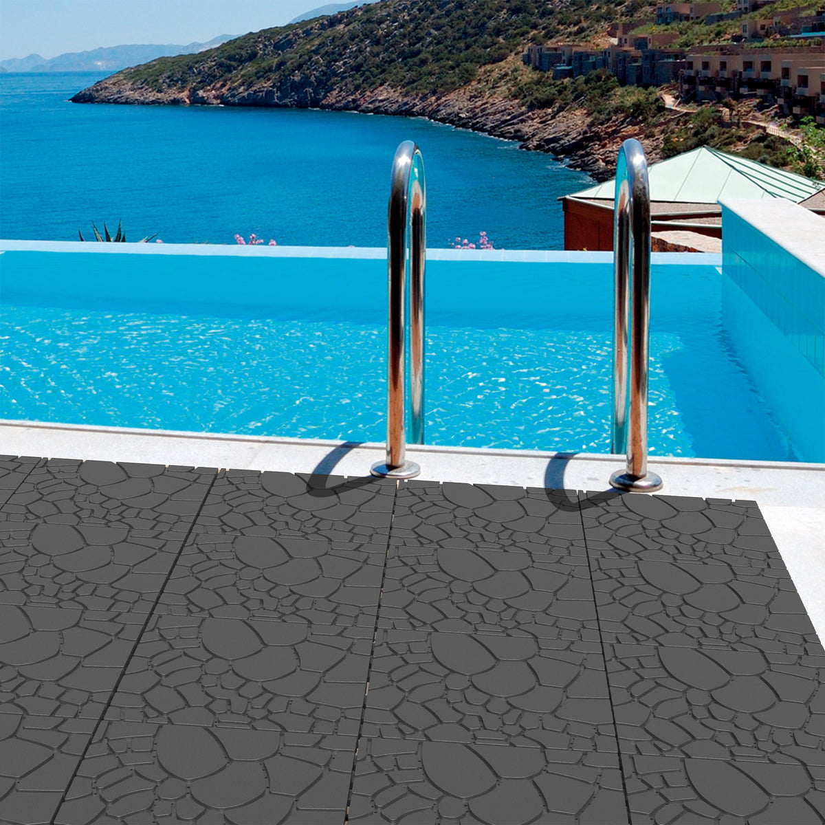 Stone Texture 12" Patio Deck Tiles with Interlocking Design - Polypropylene, 44 pcs