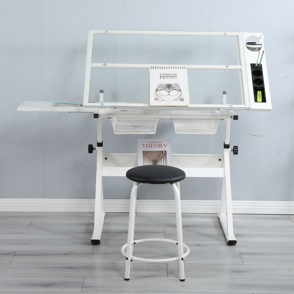 Adjustable Tempered Glass Drafting Printing Table with Chair - Black or White