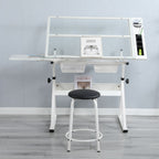 Adjustable Tempered Glass Drafting Printing Table with Chair - Black or White