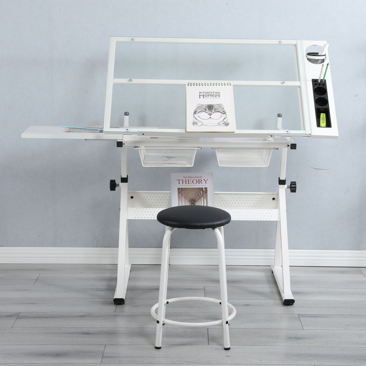 Adjustable Tempered Glass Drafting Printing Table with Chair - Black or White
