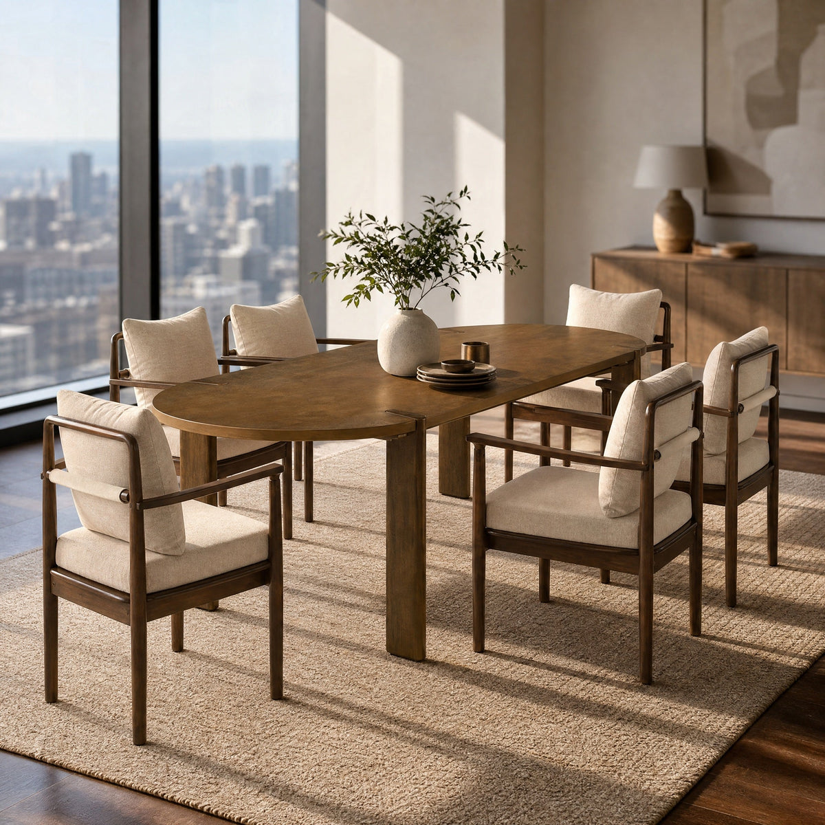 7-Piece Dining Table Set, 71" Oval Rubber Wood Dining Table