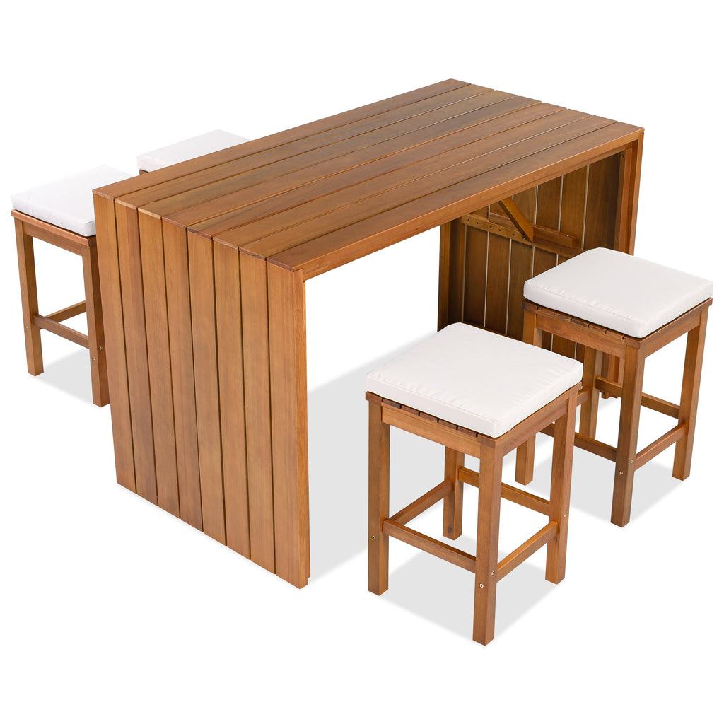 Acacia Wood 5 Piece Outdoor Bar Set with Cushioned Stools - Natural