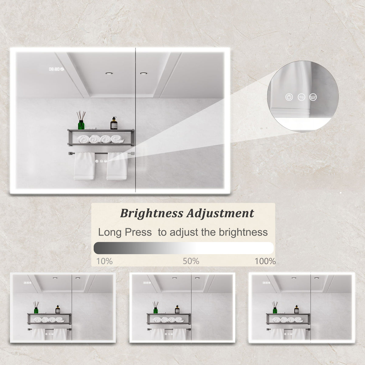 LED Medicine Cabinet With Defogger and Digital Display - Pearl Silver
