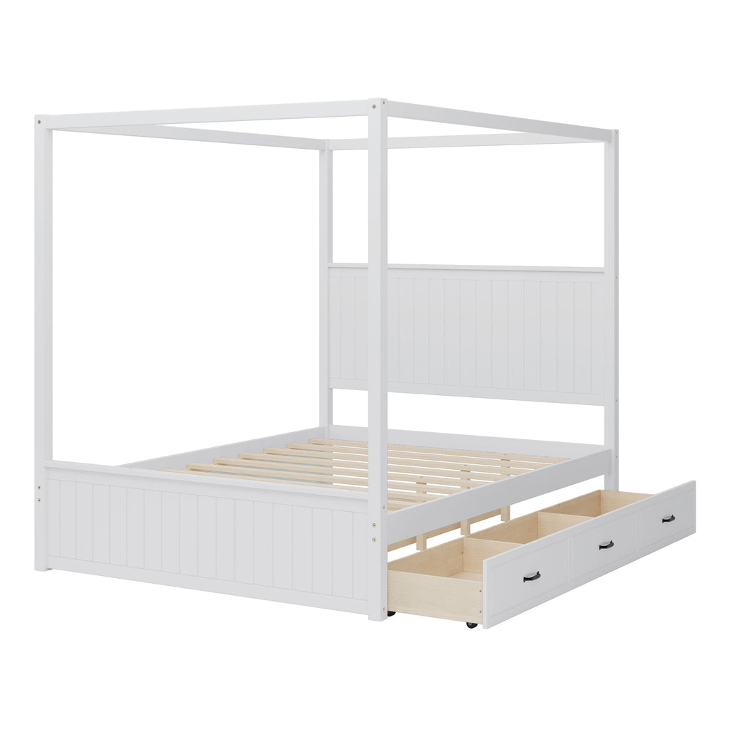 Canopy Platform Bed with Trundle and 3 Storage Drawers - Queen, Solid Pine