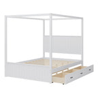 Canopy Platform Bed with Trundle and 3 Storage Drawers - Queen, Solid Pine